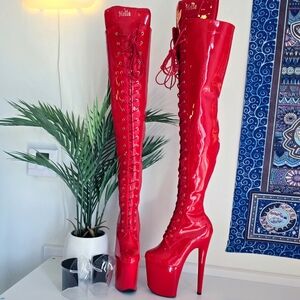 NWOB Hella Heels Cherry Pie Front Lace Thigh High Boot 8" w Heel Protectors